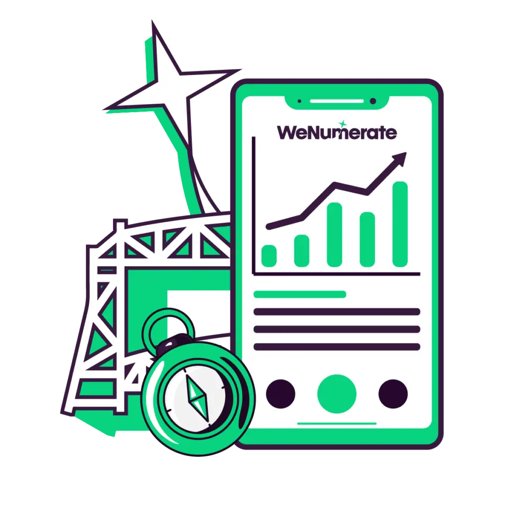 WeNumerate Accounting Phone Graphic Showing lift Bridge and iphone with stats graphic